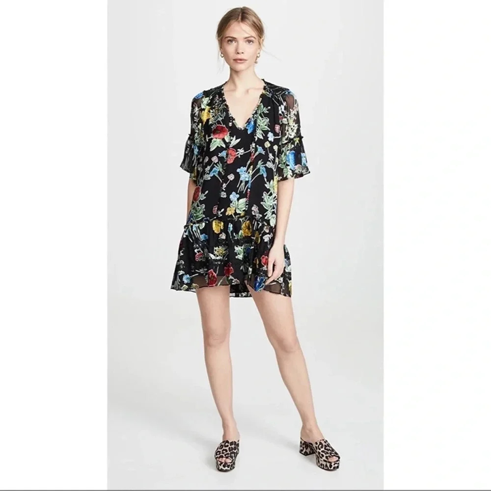 602* Alice + Olivia Pauline Floral Print Ruffle Tunic Mini Dress Size Small - Picture 2 of 9